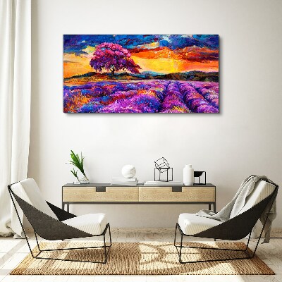 Tablou canvas Câmpuri de lavandă violet la apus