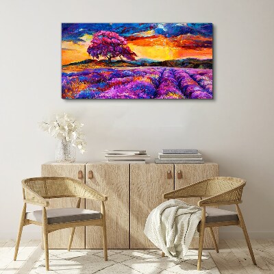 Tablou canvas Câmpuri de lavandă violet la apus