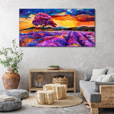 Tablou canvas Câmpuri de lavandă violet la apus