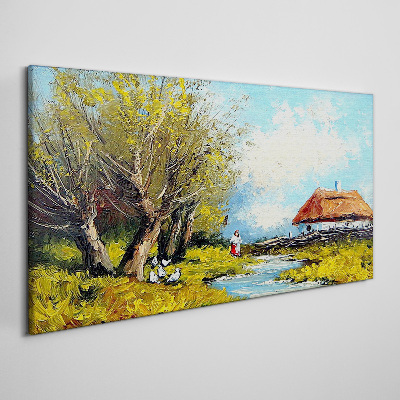 Tablou canvas Peisaj rural cu o cabana si copaci