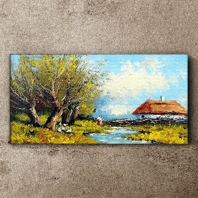 Tablou canvas Peisaj rural cu o cabana si copaci
