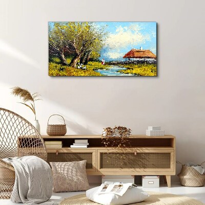 Tablou canvas Peisaj rural cu o cabana si copaci