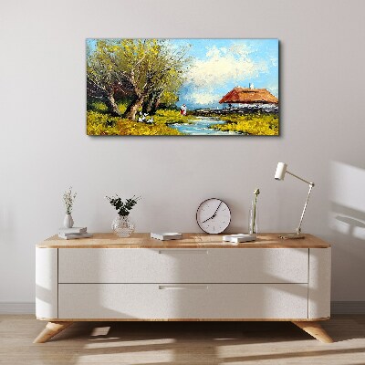 Tablou canvas Peisaj rural cu o cabana si copaci