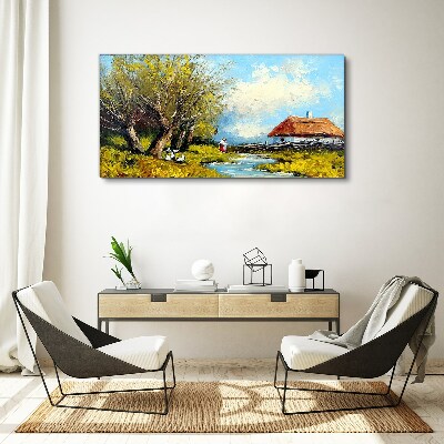 Tablou canvas Peisaj rural cu o cabana si copaci