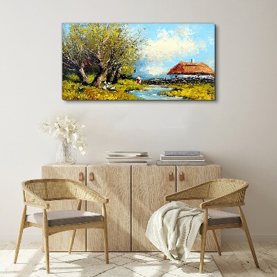 Tablou canvas Peisaj rural cu o cabana si copaci