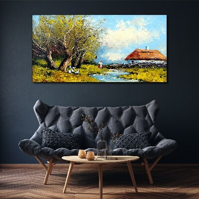 Tablou canvas Peisaj rural cu o cabana si copaci