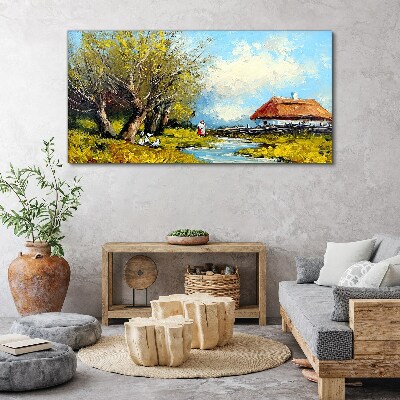 Tablou canvas Peisaj rural cu o cabana si copaci