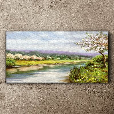 Tablou canvas copaci râu flori peisaj