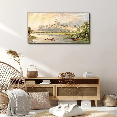 Tablou canvas Un castel lângă râu în culori pastelate