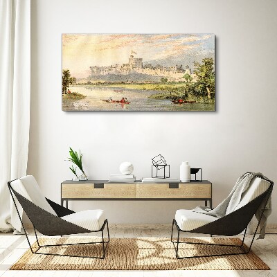 Tablou canvas Un castel lângă râu în culori pastelate