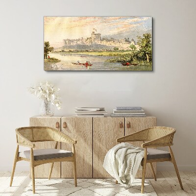 Tablou canvas Un castel lângă râu în culori pastelate