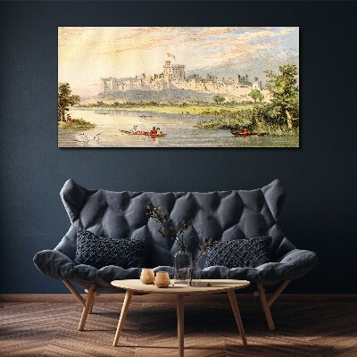 Tablou canvas Un castel lângă râu în culori pastelate