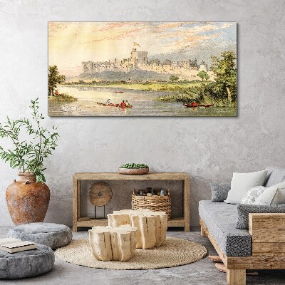 Tablou canvas Un castel lângă râu în culori pastelate