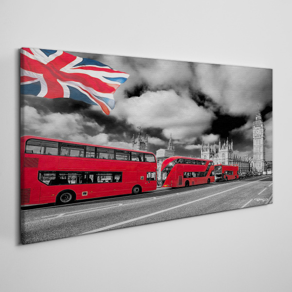 Tablou canvas Autobuze roșii din Londra cu steagul Regatului Unit