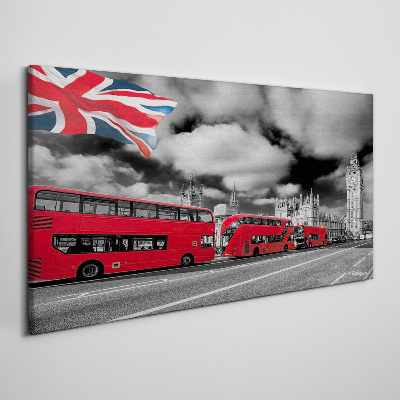 Tablou canvas Autobuze roșii din Londra cu steagul Regatului Unit