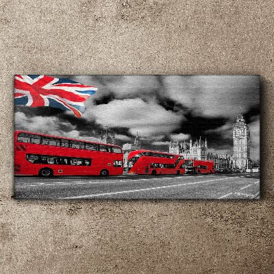 Tablou canvas Autobuze roșii din Londra cu steagul Regatului Unit