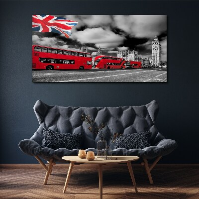 Tablou canvas Autobuze roșii din Londra cu steagul Regatului Unit