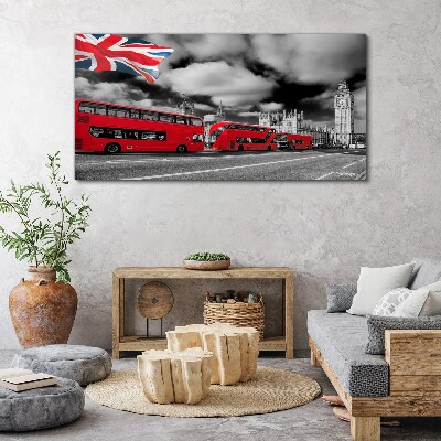 Tablou canvas Autobuze roșii din Londra cu steagul Regatului Unit
