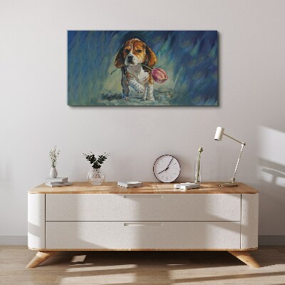 Tablou canvas Un câine cu un trandafir pe cer