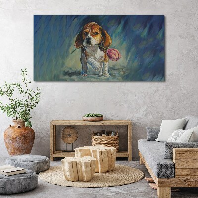 Tablou canvas Un câine cu un trandafir pe cer