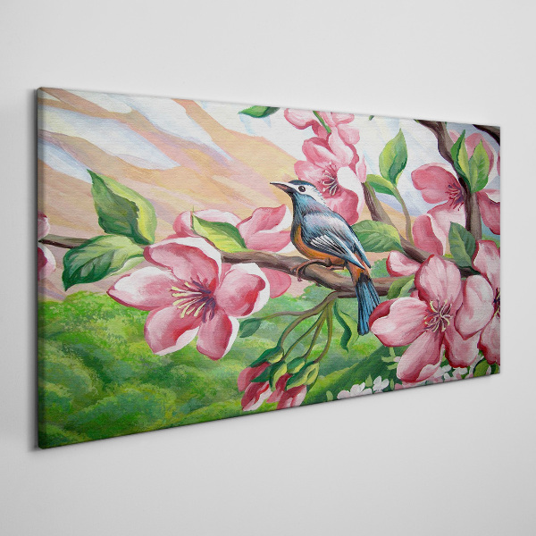 Tablou canvas O pasăre pe un fundal de flori de primăvară