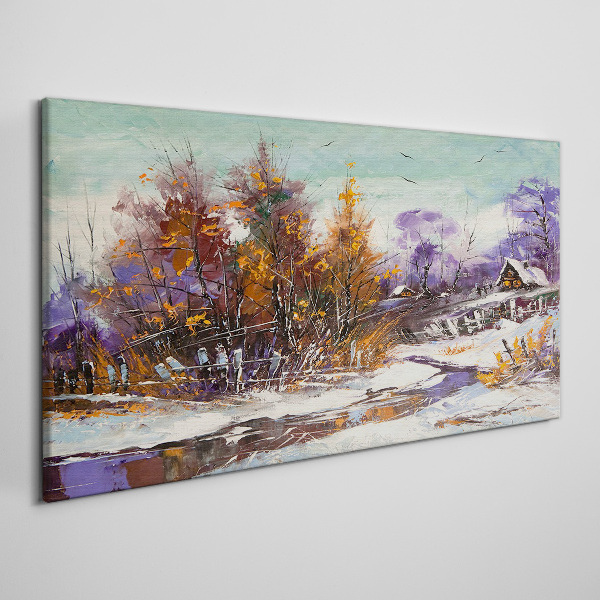Tablou canvas Peisaj de iarnă cu o casă în pădure