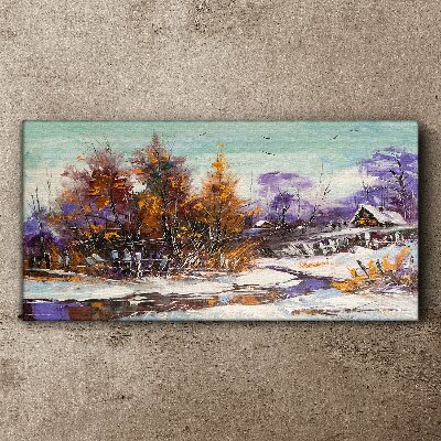 Tablou canvas Peisaj de iarnă cu o casă în pădure