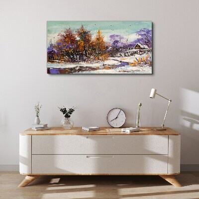 Tablou canvas Peisaj de iarnă cu o casă în pădure