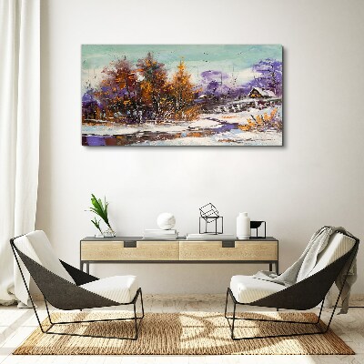 Tablou canvas Peisaj de iarnă cu o casă în pădure