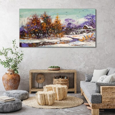 Tablou canvas Peisaj de iarnă cu o casă în pădure