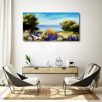 Tablou canvas Peisaj cu flori la malul mării