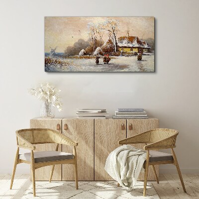 Tablou canvas Peisaj de iarnă cu o cabană și vânt