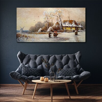 Tablou canvas Peisaj de iarnă cu o cabană și vânt