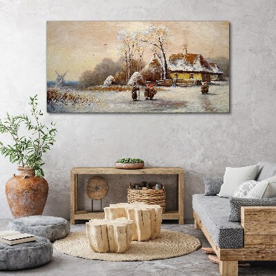 Tablou canvas Peisaj de iarnă cu o cabană și vânt