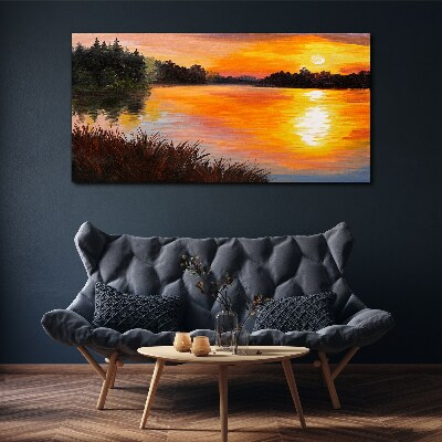 Tablou canvas pădure lac apus de soare