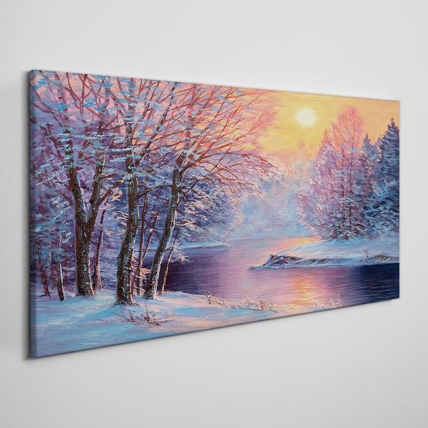 Tablou canvas iarnă râu copaci soare