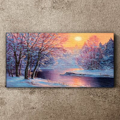 Tablou canvas iarnă râu copaci soare