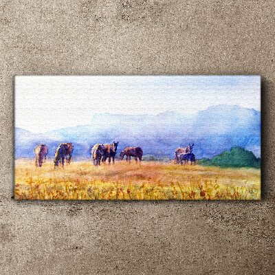 Tablou canvas O turmă mare de cai pe luncă
