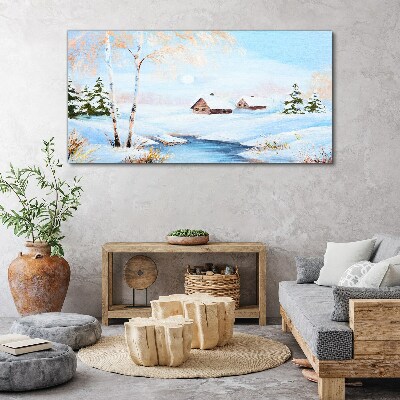 Tablou canvas Peisaj de iarnă cu case în zăpadă