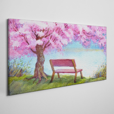 Tablou canvas bancă copac flori apă