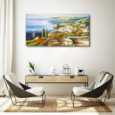 Tablou canvas Peisaj pe litoral cu o barcă cu pânze
