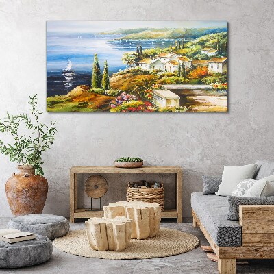 Tablou canvas Peisaj pe litoral cu o barcă cu pânze