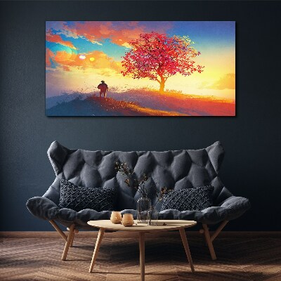 Tablou canvas apus de soare arbore de deal