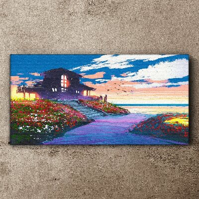 Tablou canvas Apus peste malul înflorit