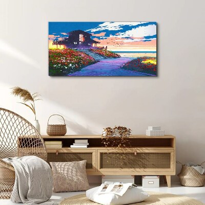 Tablou canvas Apus peste malul înflorit