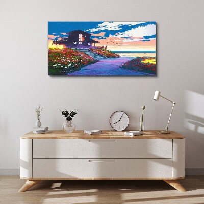 Tablou canvas Apus peste malul înflorit