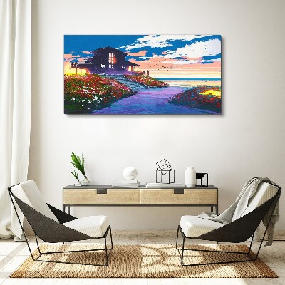 Tablou canvas Apus peste malul înflorit