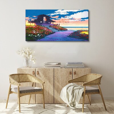 Tablou canvas Apus peste malul înflorit