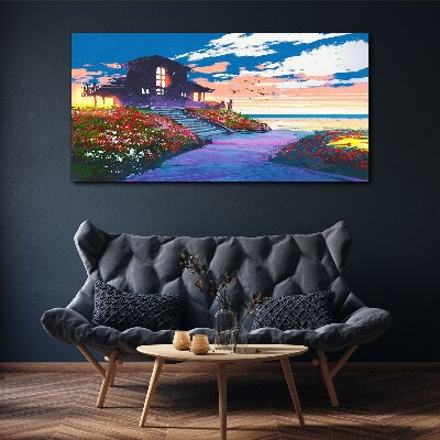 Tablou canvas Apus peste malul înflorit