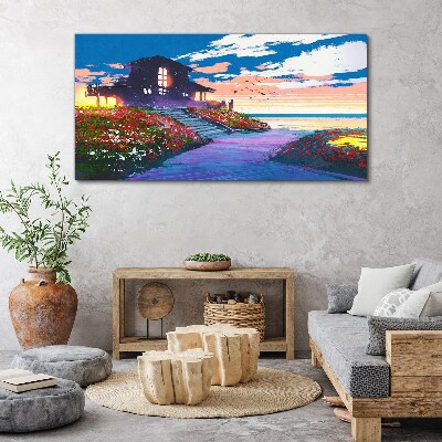 Tablou canvas Apus peste malul înflorit